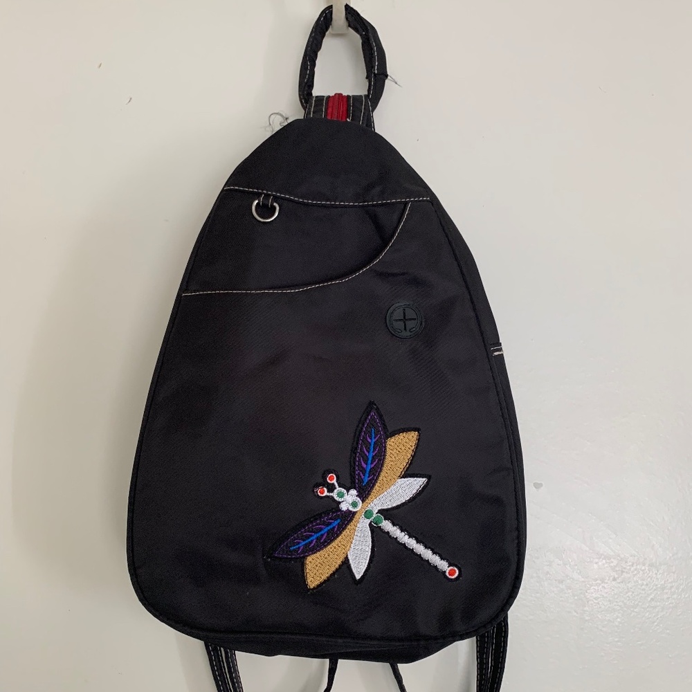 Black Dragonfly Embroidered Convertible Backpack / Sling Bag